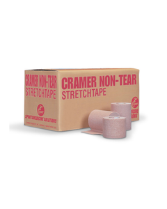 Box of Cramer Non-Tear Stretch Tape with three rolls on display in front.